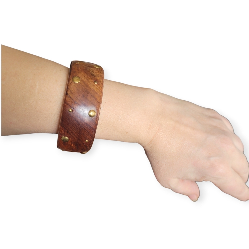 Vintage Wood Bangle Bracelet With Brass Studs Boho Chunky